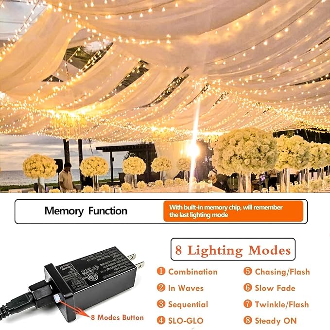 SANJICHA Extra-Long Christmas Lights OutdoorIndoor, Upgraded Super Bright String Lights, Waterproof 8 Modes Plug in Fairy Lights for Bedroom Party Wedding Garden (Warm White, 300LED)