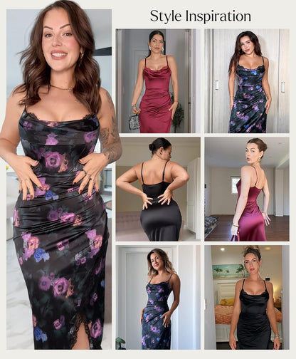 Popilush Shapewear Corset Dress Women's Satin Ruched Midi Dress Cocktail Date Night Classy Dresses with Lace Trim Bra