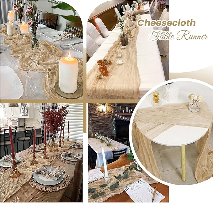 3 Pack Beige Cheesecloth Table Runner 20 x 120 inch Gauze Table Runners 10 FT Long,Semi Sheer Boho Cheese Cloth Fabric Table Runner Bulk for Party,Wedding,Baby Shower,Bridal Shower Decoration