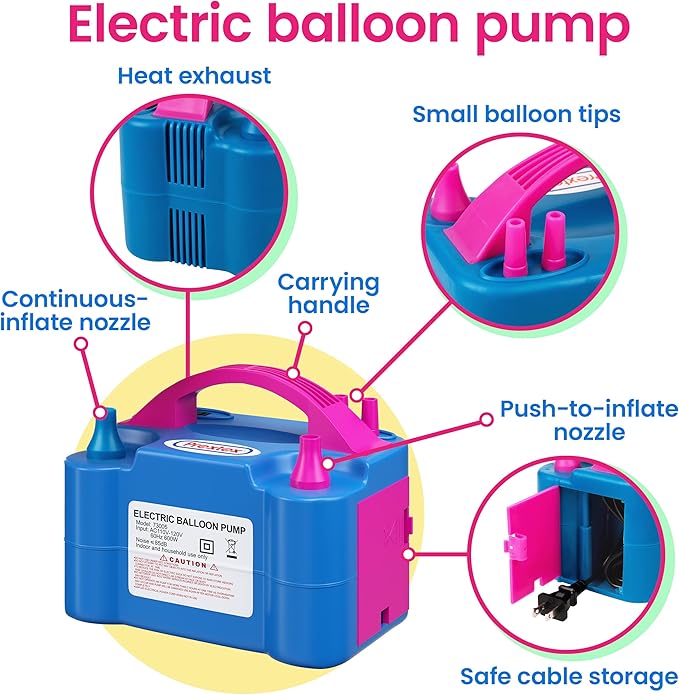 Prextex Balloons Electric Pump Inflate, Blue 110V 600W - Portable Pump with Air Blower  Dual Nozzle Inflator for Fast, Easy Bulk Balloons Filling for Event  Party Decoration - Balloon Pumps Electric
