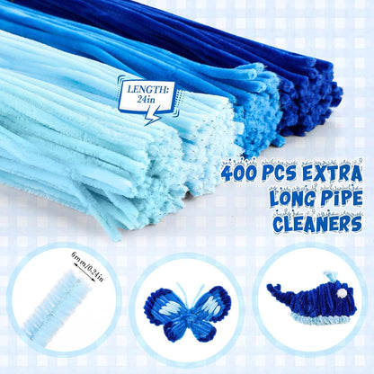 RoundFunny 400 Pcs 24 Inch Extra Long Blue Pipe Cleaners Chenille Stem Thick Fluffy Pipe Cleaners Craft Supplies for Halloween Arts Crafts Decorations Hair DIY Handcraft Project