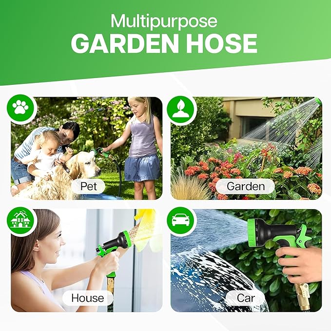 25 FT Expandable Garden Hose 2025 W/10 Pattern Spray Nozzle, Ultra-Lightweight, Tangle & Kink Free, 3-Layers Latex Core with 3/4" Brass Fitting for Superior Durability, Comes W/Storage Bag and Holder