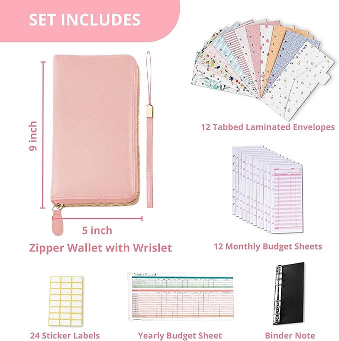 Cash Envelope Wallet All in One Budget System with 12x Tabbed Cash Envelopes, 12x Monthly Budget Cards,1x Yearly budget planner sheet Complete Money Organizer Set for Cash RFID Protection