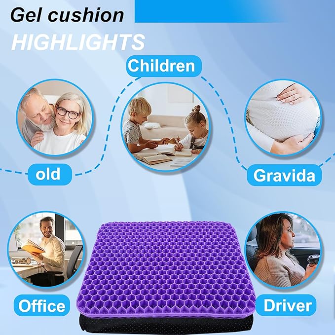 Yimiyaa Gel Seat Cushion, Double Thick Egg Gel Cushion for Pressure Pain Relief, Breathable Wheelchair Cushion Chair Pads for Car Seat Office Chair Purple and Black