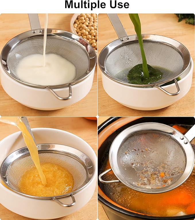 3.3 inch 304 stainless steel fine mesh strainer for kitchen, strainer-skimmer with handle, metal sieves