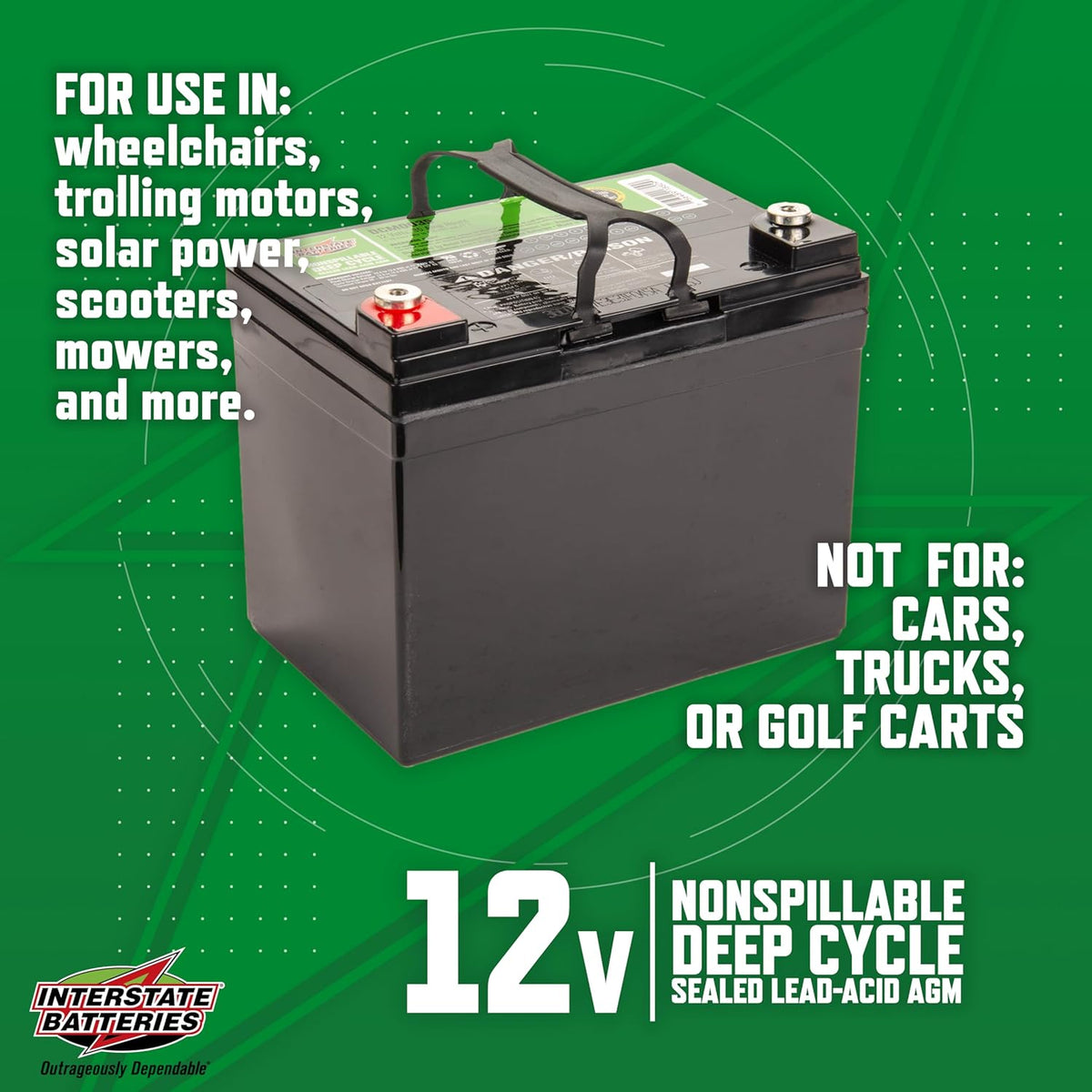 Interstate Batteries 12V 35AH Sealed Lead Acid (SLA) AGM Deep Cycle Battery (DCM0035) Insert Terminals (Terminal Hardware Not Included)