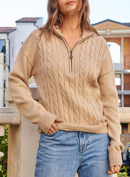 Dokotoo Women's Sweaters Fall Winter Quarter Zip Ribbed Cable Knit Pullover | Long Sleeve,Polo Neck,Lightweight Knit Pullover,Soft Comfy Tops,Fall Winter Outfits,Fashion Clothing