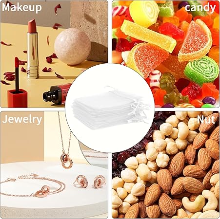 Organza Bags, White Organza Bags, 50Pcs, Sheer Organza Bags 3 x 4 inch, Jewelry Gift Bags, Party Favor Bags with Drawstring, Mesh Gift Pouches Mini Candy Bags for Wedding Christmas Party