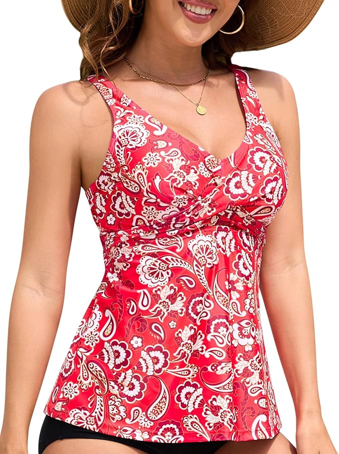 Womens Tankini Top Twist V Neck Bathing Suit Top Flowy Padded Swimsuit Top Swim Tank Top Only