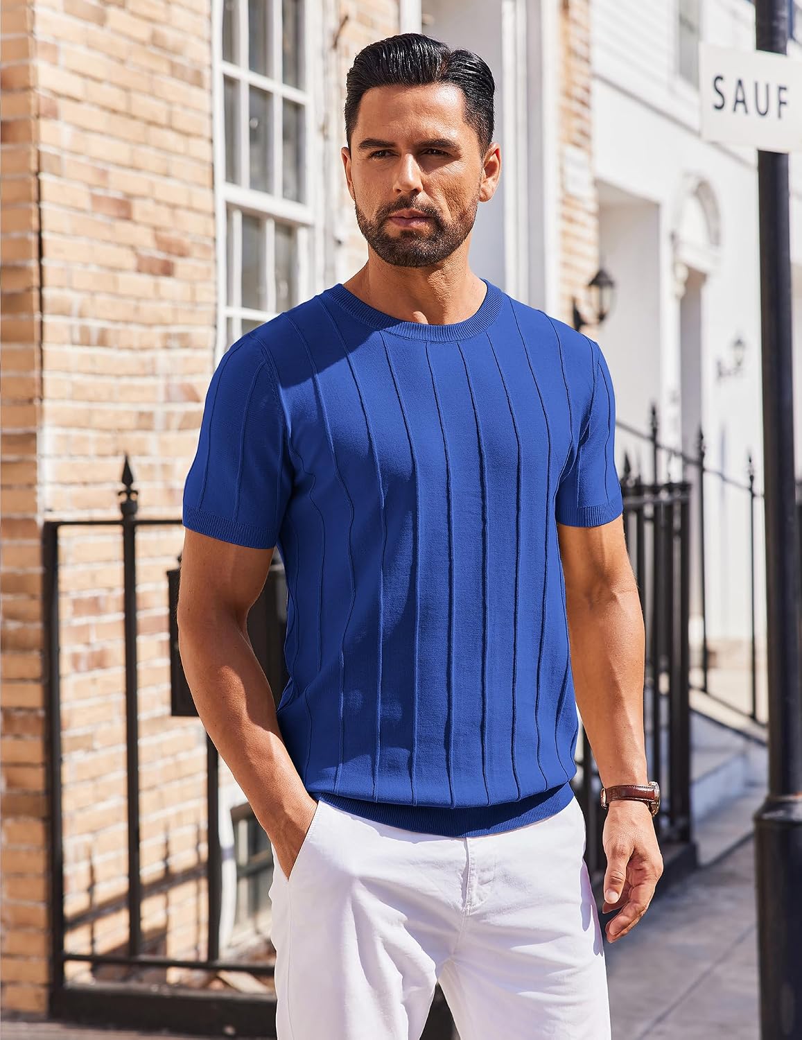 COOFANDY Men's T- Shirts Short Sleeve Knit Sweater Shirt Casual Crewneck Ribbed Pullover Tees.