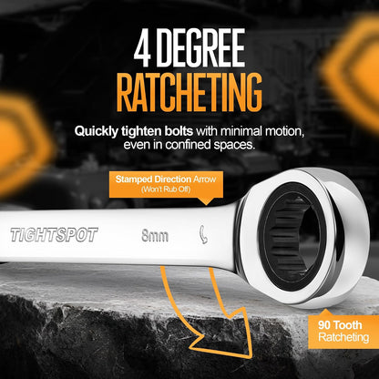 TIGHTSPOT 8 mm Ratchet Combination Wrench with Precision Movement, Polished Steel for Projects with Metric Tight Spaces