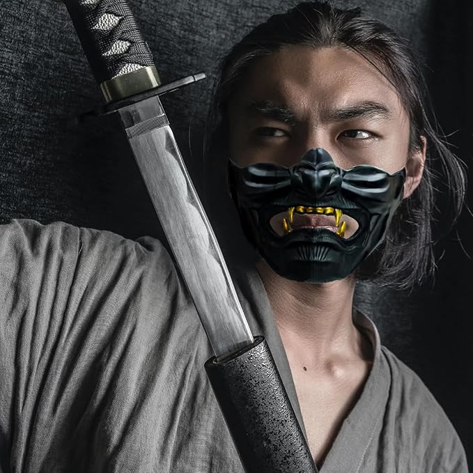 Oni Samurai Mask Half Face Japanese Warrior Mask Ghost Warrior Character Masks Novelty Halloween Party Cosplay Costume Cool Halloween Cosplay Prop for Boys Girls Adults Kids Party Accessory