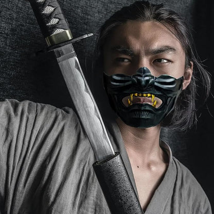 Oni Samurai Mask Half Face Japanese Warrior Mask Ghost Warrior Character Masks Novelty Halloween Party Cosplay Costume Cool Halloween Cosplay Prop for Boys Girls Adults Kids Party Accessory