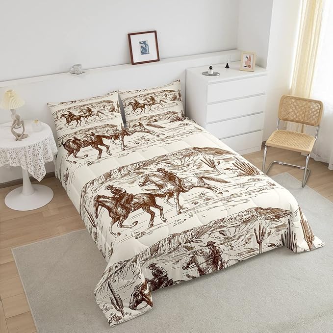 Erosebridal Western Comforter Set Full Size Cowboy Bedding Set American Wild West Desert Hand Drawn Illustration Down Comforter Country Theme Bedroom Decor Duvet Set for Boys Men Teens