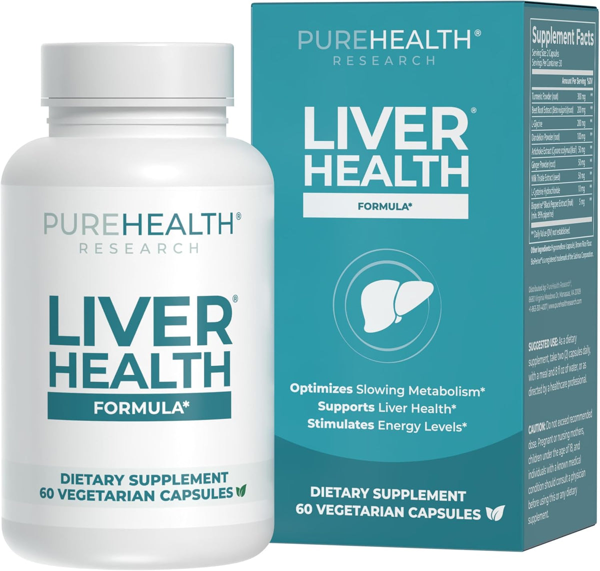 PUREHEALTH RESEARCH Liver Health – Liver Cleanse Detox & Repair Supplement Liver Support with Milk Thistle, Turmeric Powder, Dandelion, Artichoke, Beet Root, Ginger, L Cysteine HCL - 60 Capsules