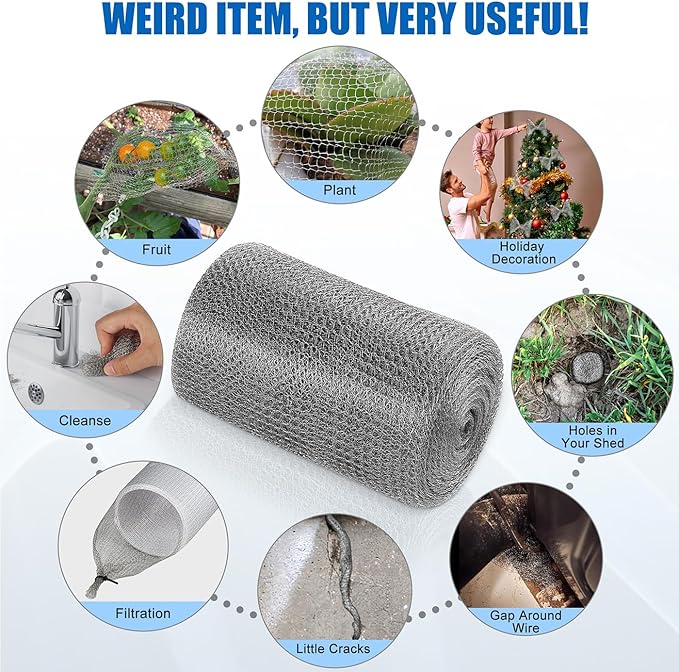 Valchoose Upgraded Not Rusty 5X 30 Ft Stainless Steel Mesh Gap Blocker, Flexible Stainless Steel Wool Holding up Well Tight Spots, Wire Mesh Hole Fill Fabric, Stainless Steel Mesh Roll Easy to Work