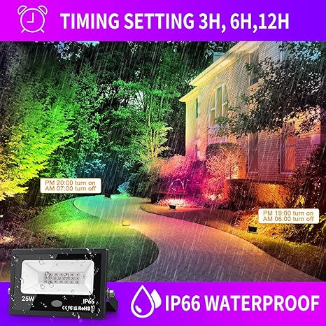 Upgraded LED Flood Light Outdoor 25W 4 Pack, DIY Color Changing Christmas Lights Outdoor Patio Floodlights with Remote, IP66 Waterproof RGB Spot Light Timing Uplights for Events Party Stage Light