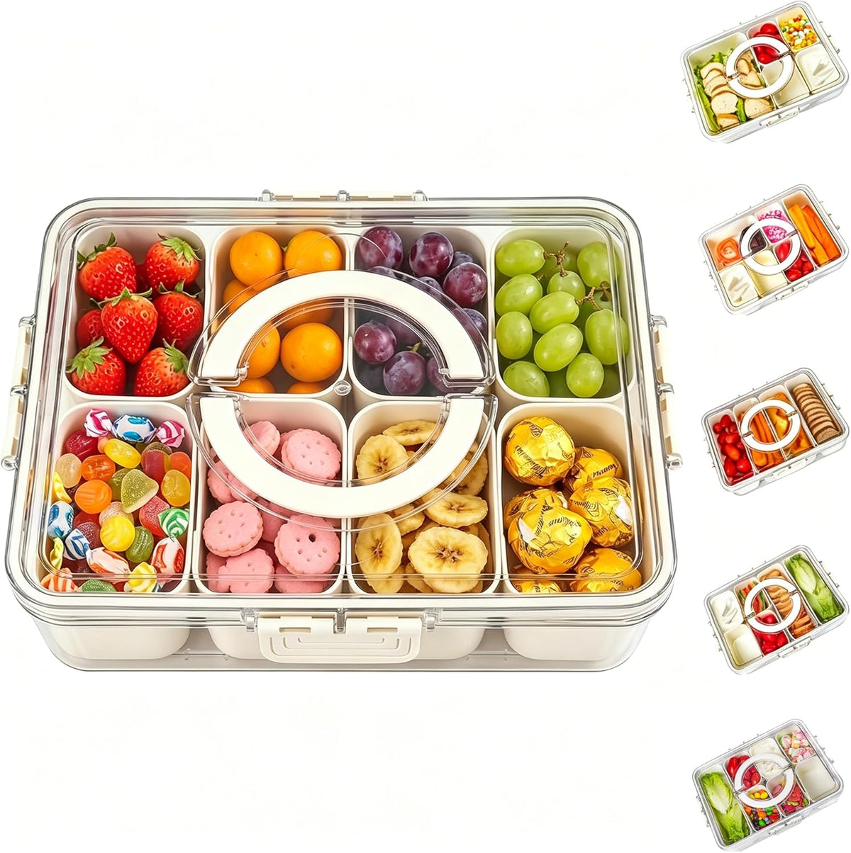Bandesun Divided Serving Tray with Lid and Handle - Snackle Box Charcuterie Container for Portable Snack Platters - Clear Organizer for Candy, Fruits, Nuts, Snacks - Perfect for Party, Entertaining