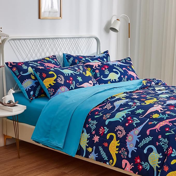 inron Dinosaur Kids Comforter Sets for Boys Girls, Full Size 5 Pieces Bed in a Bag, Ultra Soft Microfiber Comforter and Sheet Sets, All Season Durable Bedding Sets