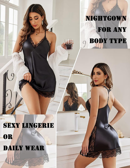 Avidlove Women Lingerie Satin Lace Chemise Nightgown V Neck Mini Babydoll Sexy Full Slips Sleepwear S-4XL