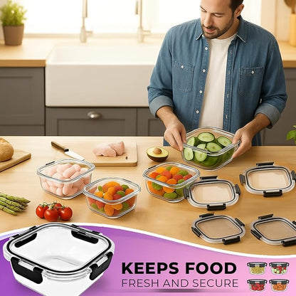 3 Set Glass Food Storage Containers Bowls with Airtight Snap Locking Lids for Meal Prep Leftovers Baking Lunch Boxes Dish (Black, 17oz Square)
