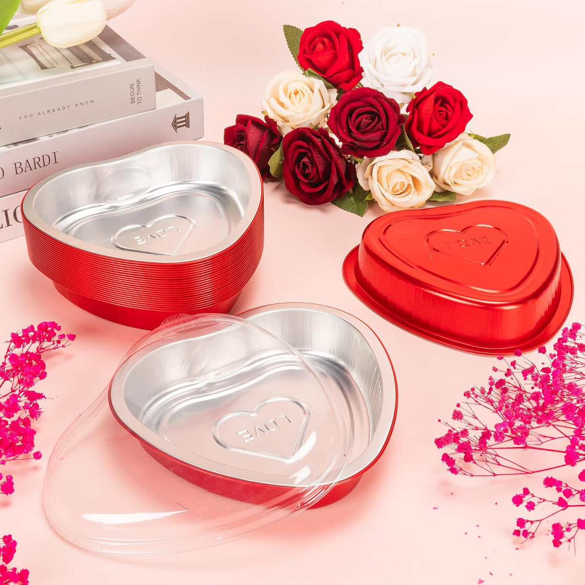 yeload 24 Pack 8 Inch Heart Shaped Cake Pans with Lids, 23oz Large Disposable Foil Heart Pans for Valentine's & Mother's Day, Aluminum Heart Cake Pans, Valentine's Day Baking Kit (Red)