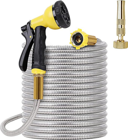 FOXEASE Metal Garden Hose 50FT - Stainless Steel Heavy Duty Water Hose with Metal Nozzle & 8 Function Sprayer, Portable & Lightweight Kink Free Yard Hose, Outdoor Hose