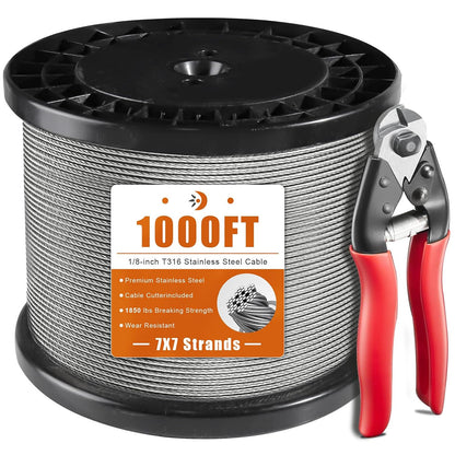 000FT 1/8" Stainless Steel Cable for Deck Cable Railing System,Premium T316 Aircraft Cable Kits,7x7 Strands Construction Braided Stainless Wire, 1/8" Wire Rope Cable with a Cutter,DIY Balustrades