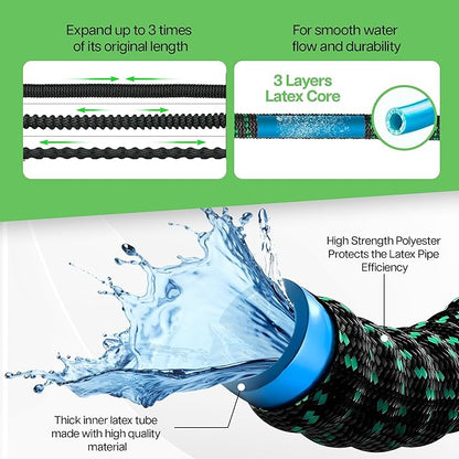 25 FT Expandable Garden Hose 2025 W/10 Pattern Spray Nozzle, Ultra-Lightweight, Tangle & Kink Free, 3-Layers Latex Core with 3/4" Brass Fitting for Superior Durability, Comes W/Storage Bag and Holder
