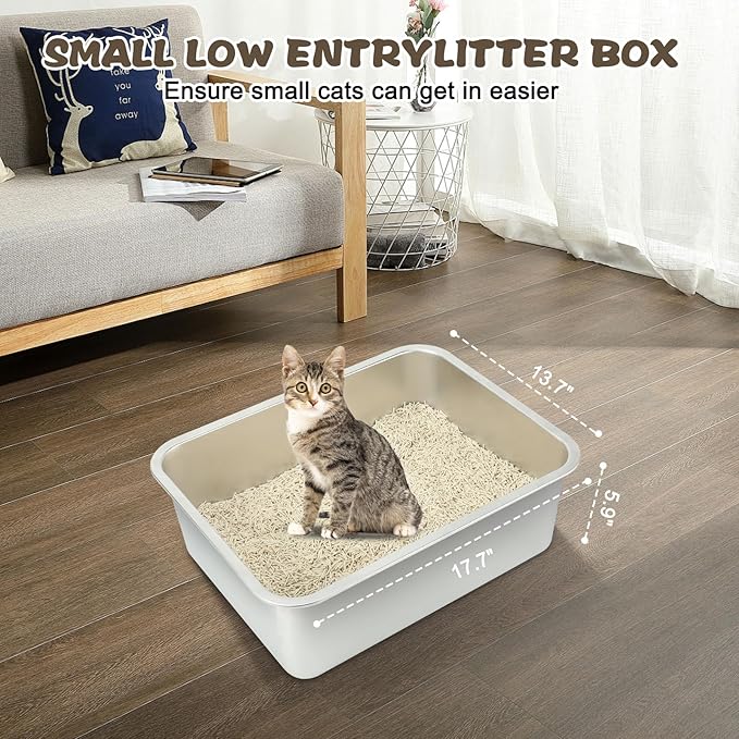 Rypet 2Packs Stainless Steel Litter Box Metal Litter Box for Cats High Back Litter Box Non-Stick Cat Poop BoxOoaEasy to Clean(17.7"13.8"5.9")