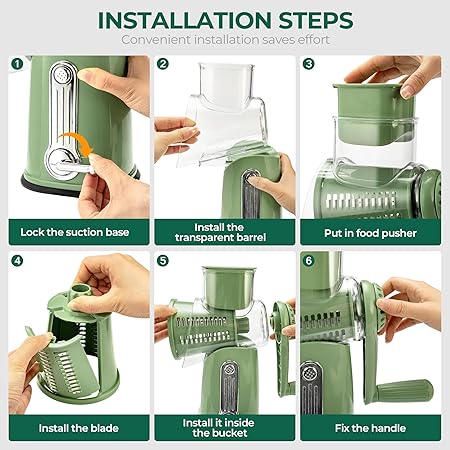 SUSTEAS Rotary Cheese Grater with Handle - Vegetable Shredder with 5 Well-designed Blades  Strong Suction Base,Round Mandoline Slicer  Food Chopper for Kitchen,with Blade Storage Box(Retro Green)