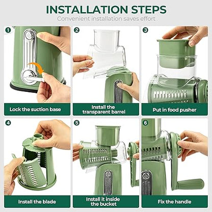 SUSTEAS Rotary Cheese Grater with Handle - Vegetable Shredder with 5 Well-designed Blades  Strong Suction Base,Round Mandoline Slicer  Food Chopper for Kitchen,with Blade Storage Box(Retro Green)