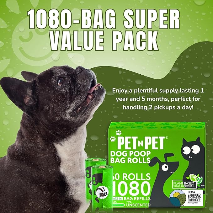 Pet N Pet 1080 Counts Green Poop Bags for Dogs, 38 Plant Based  62 PE Extra Thick Dog Poop Bags Rolls, 9" x 13", Unscented Pet Waste Bag