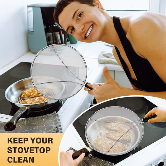 Splatter Screen for Frying Pan 13" 11.5" 9.8" Stainless Steel Fine Mesh Grease Splatter Guard with Comfort Silicone Handles and Resting Feet for Prevent Oil Splatter Safe Cooking