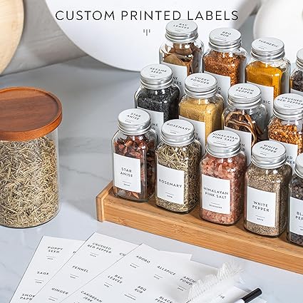 Laramaid 6oz 30Pack Glass Jars with Minimalist White Spice Labels, Shaker Lids Dispenser with Airtight Silver Metal Caps, Black Pen, Cleaning Brush  Collapsible Silicone Funnel