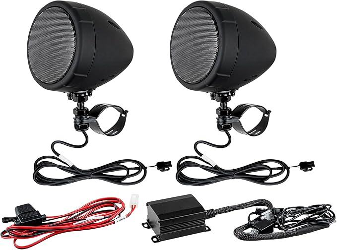 Audiopipe 3 Motorcycle Amplified Speaker System (APMC-503KT), 50W, Class D, Compact, Wireless, Weatherproof, IPX-5 Waterproof, AUX, Volume Control Knob, Adjustable Brackets, ATV's, UTV's
