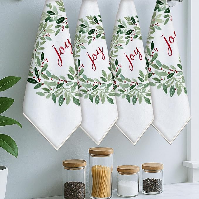 Joy Kitchen Towels, Christmas Rustic Leaves Berries Christmas Green Drying Kitchen Hand Towels New Home Essentials 16x24 Inch (Set of 4)