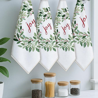 Joy Kitchen Towels, Christmas Rustic Leaves Berries Christmas Green Drying Kitchen Hand Towels New Home Essentials 16x24 Inch (Set of 4)