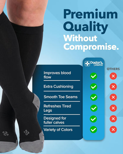 Doctor's Select 2 Pairs Plus Size Compression Socks Wide Calf - Up to 6XL | 20-30 mmHg Compression Socks for Women Wide Calf