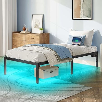 Rolanstar Bed Frame with USB Charging Station, Twin Bed Frame with LED Lights, Platform Bed Frame with Heavy Duty Steel Slats, 14" Storage Space Beneath Bed