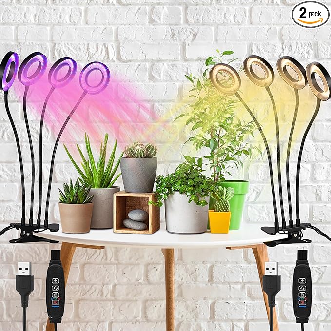 2 Pack Clip-on LED Grow Light Indoor 4 Heads With 3.5'' Ring Lamp, 192 LEDs, Adjustable Growing Lamp, 3912h Timer, 10 Dimmable Levels for Various Plants