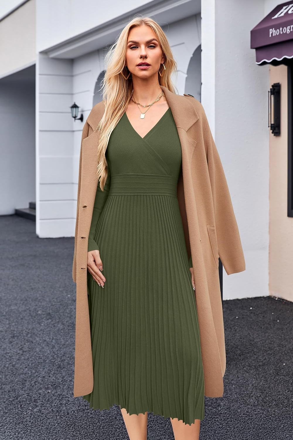OUGES Women's Fall Maternity Dress for Photoshoot Long Sleeve Wrap V Neck Pleated Baby Shower Sweater Midi Dresses 2026.