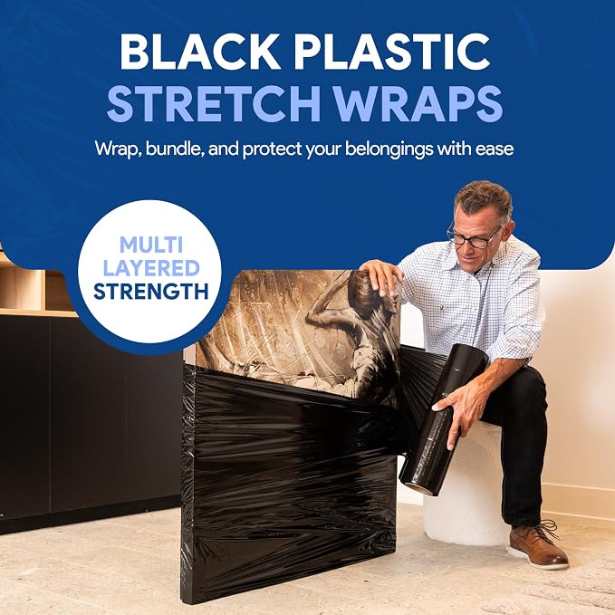Black 18" Stretch Film/Wrap 1500 feet 7 Layers 80 Gauge Industrial Strength 800% Stretch 20 Microns Durable Adhering Packing Moving Heavy Duty Shrink Film (1 Pack, Black)