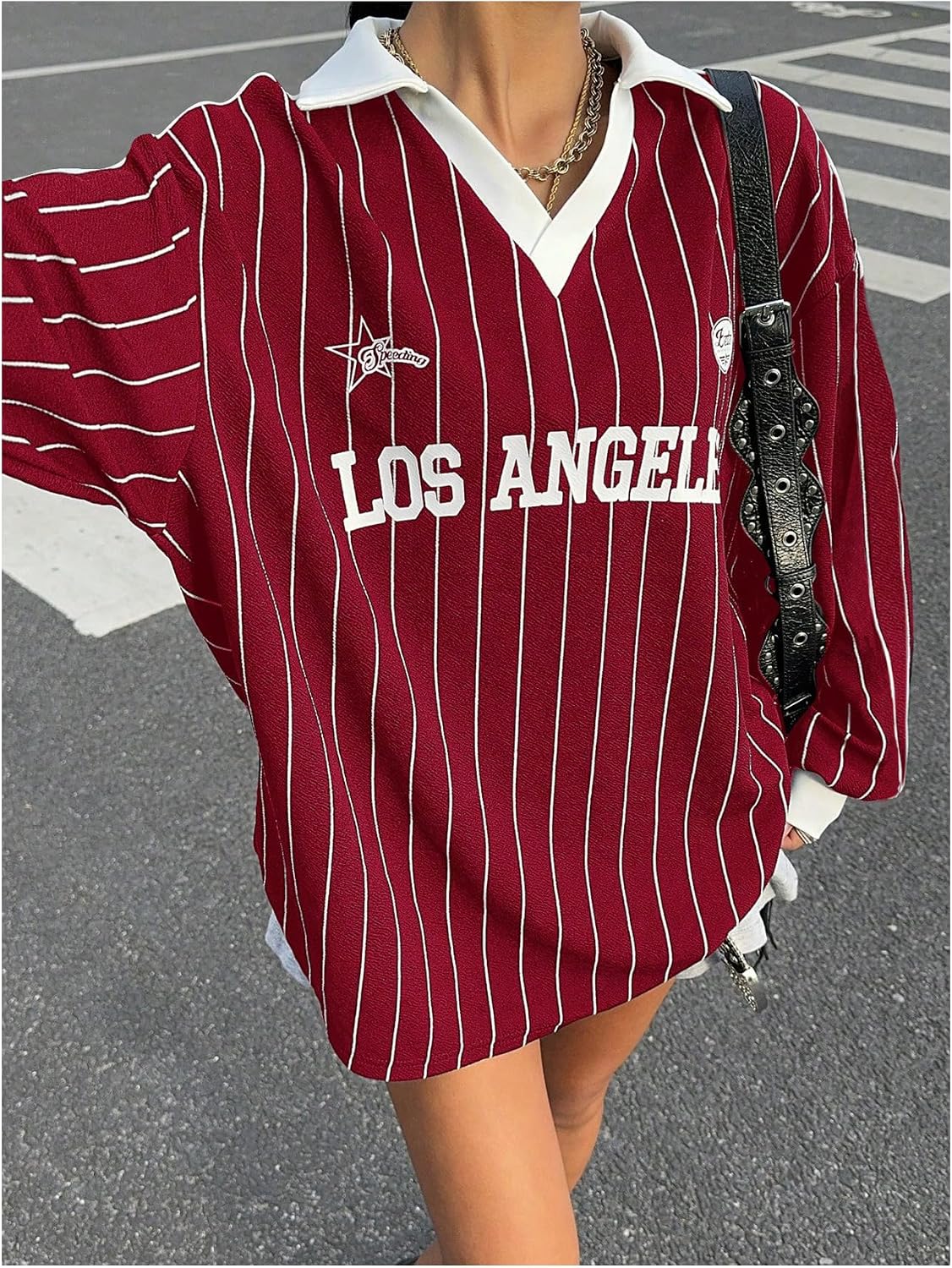 SOLY HUX Women's Oversized Tees Striped Letter Print Y2k Jersey T Shirt Collar V Neck Long Sleeve Loose Tops