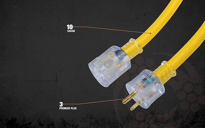 Southwire Extra Heavy Duty Extension Cord, 100Ft, 10 Gauge, 3 Conductor, Outdoor Cord, Lighted End, SJTW, Yellow, 2689SW0002