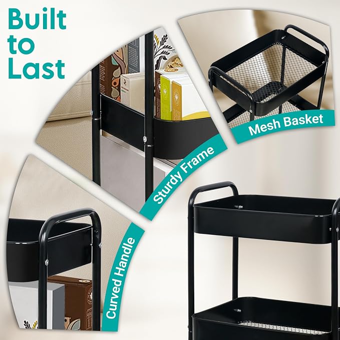 3 Tier Metal Rolling Cart on Wheels,Heavy Duty Utility Cart Sturdy 3 Tiered Rolling Storage Cart With Hooks, Great For Craft, Art Workspace, Kitchen ,Snack And Office Storage, Black