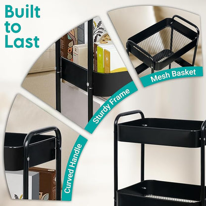 3 Tier Metal Rolling Cart on Wheels,Heavy Duty Utility Cart Sturdy 3 Tiered Rolling Storage Cart With Hooks, Great For Craft, Art Workspace, Kitchen ,Snack And Office Storage, Black