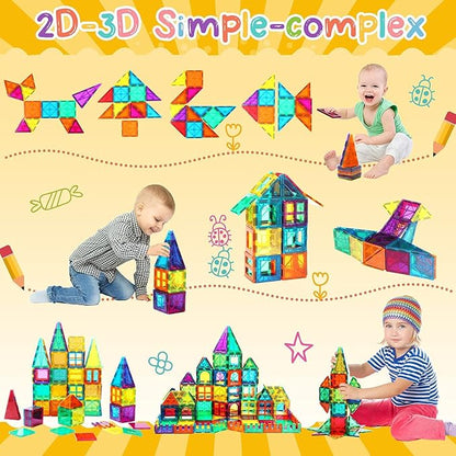 Ziggzo Magnetic Tiles for Kids Ages 4-8 | 100 Magnet Tiles with Storage Bag and 2 Cars | STEM Building Blocks for Creative Learning
