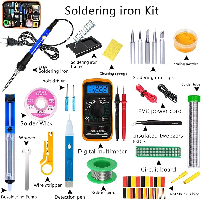 Soldering Iron Kit, 60W Adjustable Temperature, Digital Multimeter, 5pcs Soldering Tips, Wire, Stand, Desoldering Pump, Solder Wick, Tweezers, Welding Tool