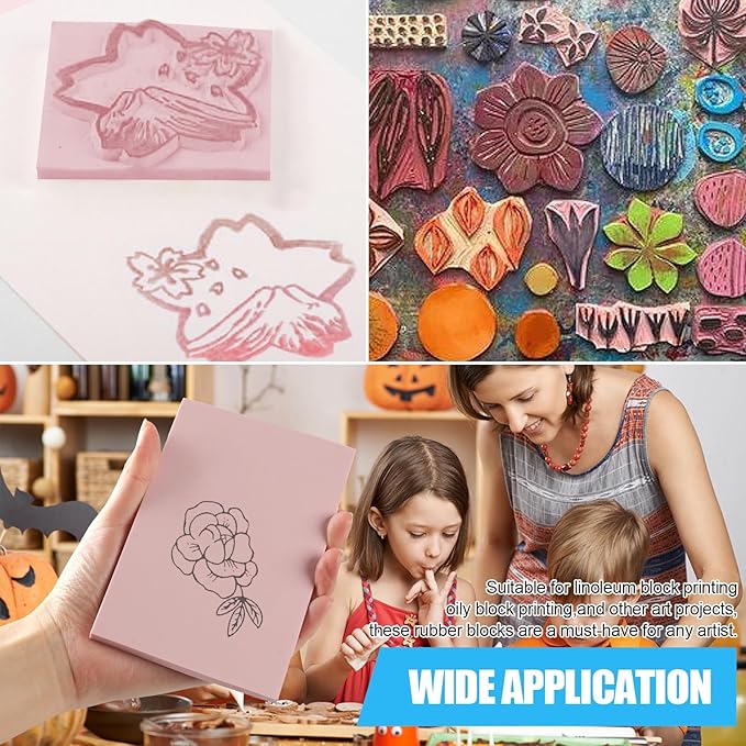 4pcs Pink 4x6 Rubber Block Stamp Carving Kit for Print Making, Soft Rubber Crafts, Easy to Carve, Versatile Stamp Cutting Kit for Linoleum Blocks, Eraser Carving Block, Scrapbooking Supplies